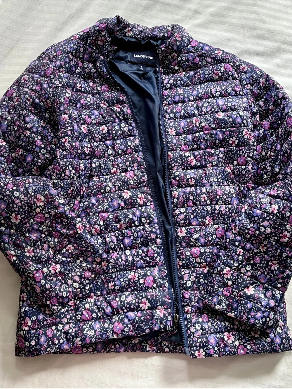Lands' End Navy Quilted Jacket with Purple and Pink Floral Print - Picture 1 of 2